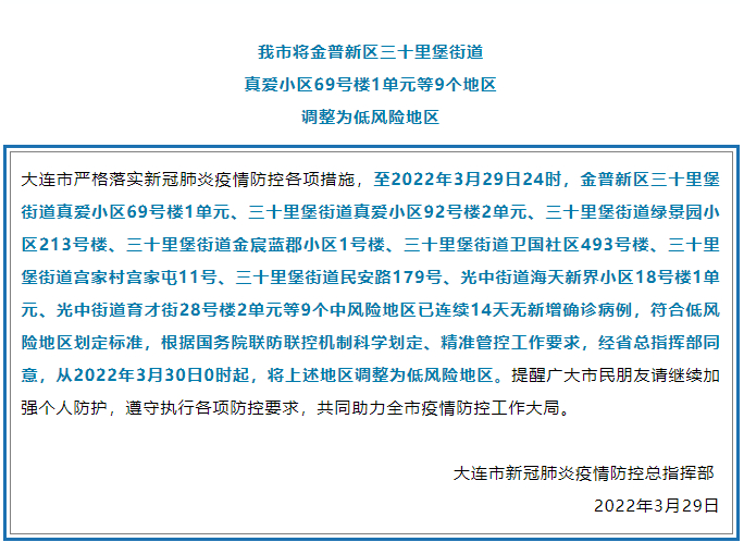 大连10个社区列为中风险地区，具体都有哪些社区？